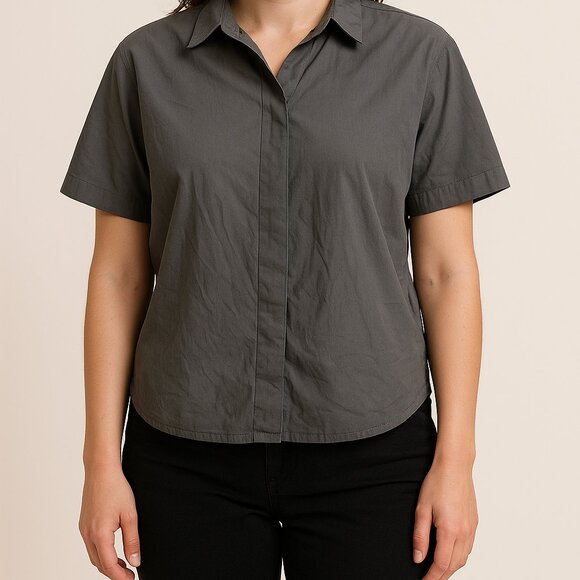 COS Gray Short Sleeve Button-Up Shirt Women’s Size 6 EUR 36 Cotton Blend Minimal - Picture 1 of 7